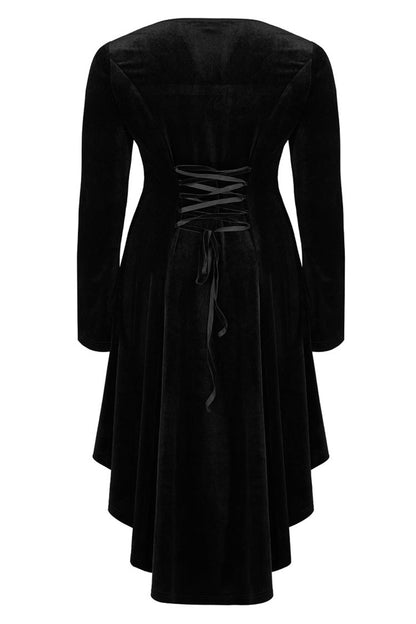 Black Gorgeous Velvet Fabric Embroidered Jacquard Neckline Irregular Hem Trumpet Sleeve Women's Gothic Dress