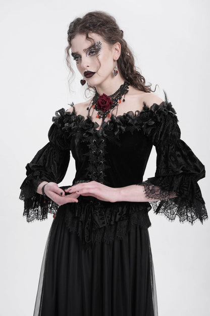 Black Off Shoulder Long Sleeves Ruffle Embroidery Lace-Up Women's Gothic Blouse