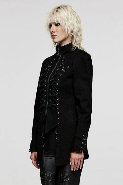 Black Denim Eyelet Rope Stand Collar Zipper Slim Irregular Womens Steampunk Coat