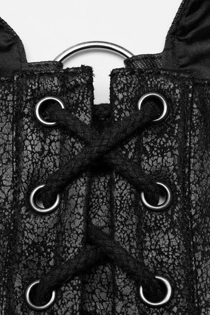 Black Faux Leather Hollow Metal Ring Lace Women's Gothic Corset