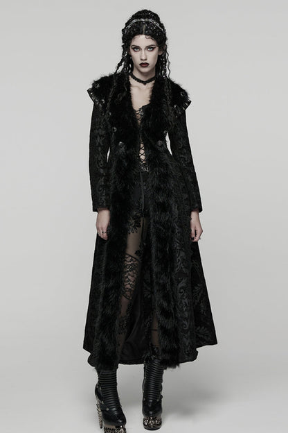 Black Lapel Collar Long Sleeves Floral Printed Plush Spliced Women's Gothic Coat