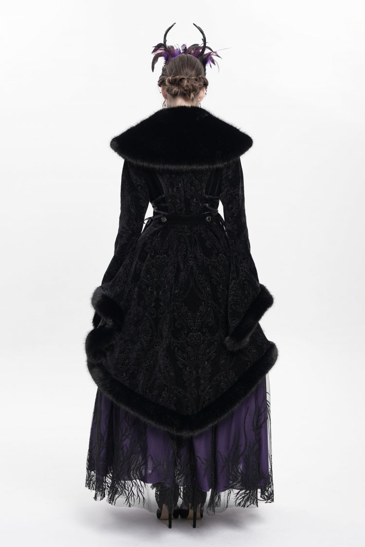 Black Long Sleeves Floral Embroidery Women's Gothic Fluffy Coat