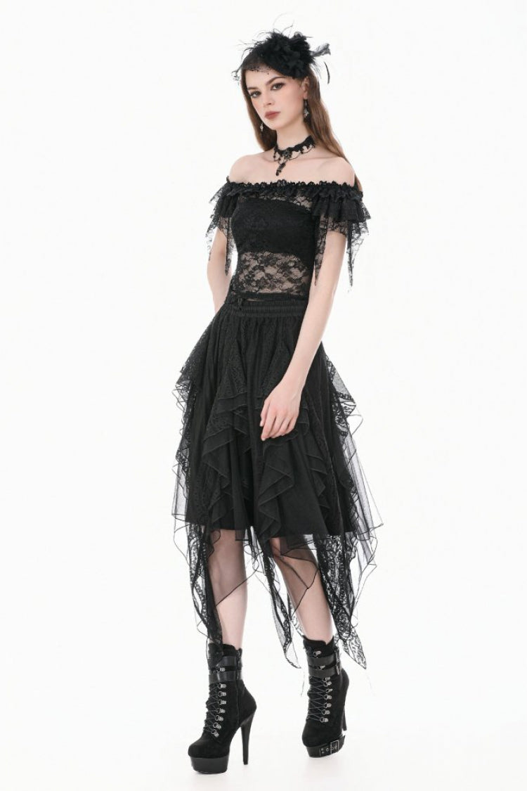 Black Off Shoulder Floral Sheer Lace Women's Gothic Top