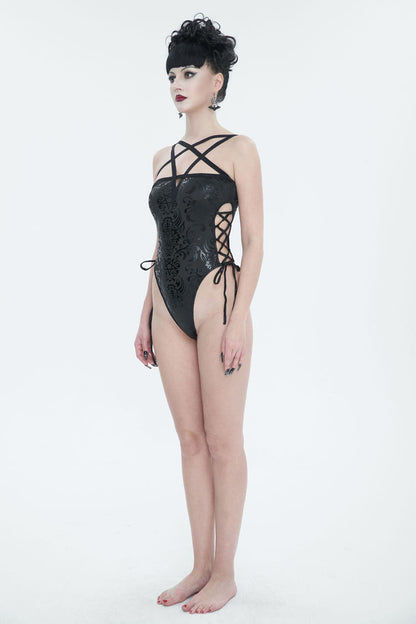 Black Pentagram Print Side Cutout Strap Women's Gothic One Piece Swimsuit