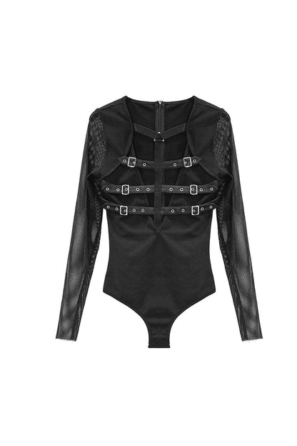 Black Chest Adjustable Leather Loops Splice Mesh Sleeve Connecting Crotch Women's Punk T-Shirt