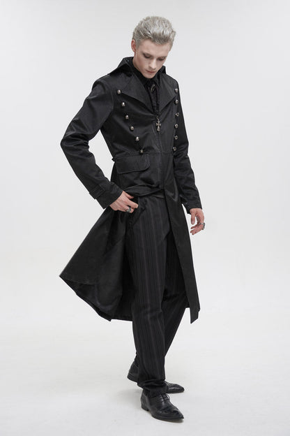 Black Lapel Collar Double Breasted Metal Cross Zip Men's Gothic Long Coat
