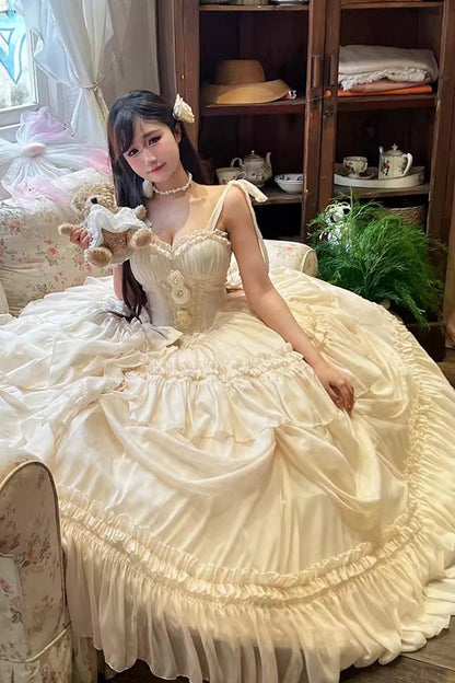 Apricot/Beige [Antique Bride] Sleeveless Multi-Layered Ruffled Bow Lace Sweet Elegant Gorgeous Full Skirt Lolita Jsk Dress