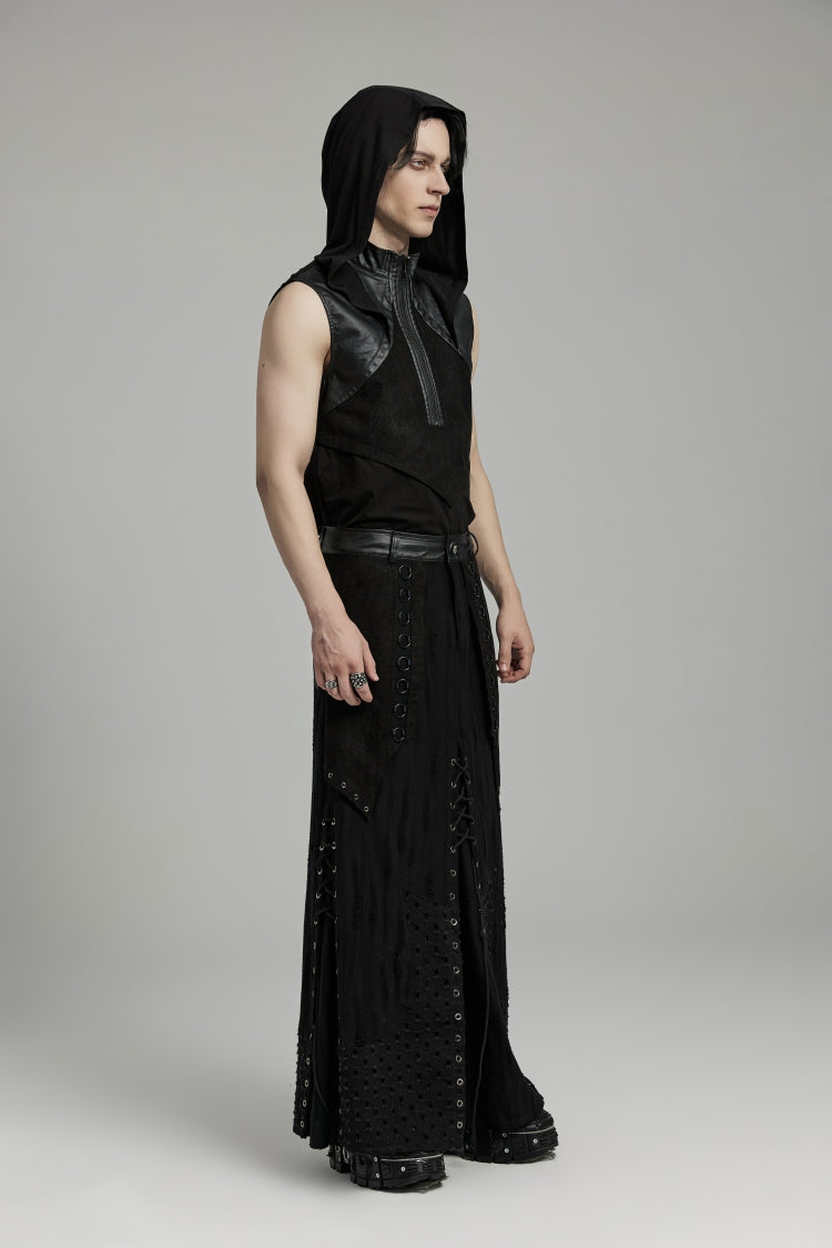 Black Lace-Up Ripped Eyelet Men's Punk Skirt