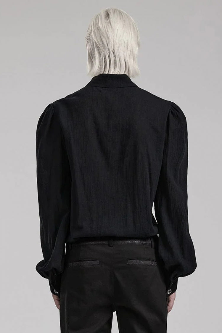 Black Hand-Stitched Button Pleated Long Puff Sleeves Ruffle Mens Gothic Blouse