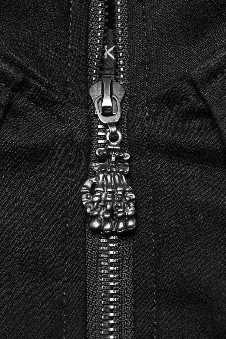 Black Denim Eyelet Rope Stand Collar Zipper Slim Irregular Womens Steampunk Coat