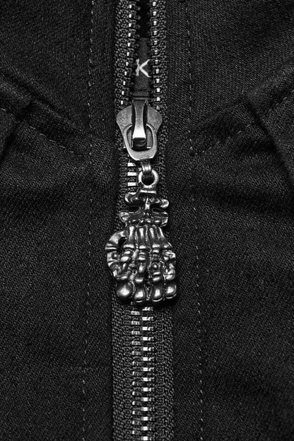 Black Denim Eyelet Rope Stand Collar Zipper Slim Irregular Womens Steampunk Coat