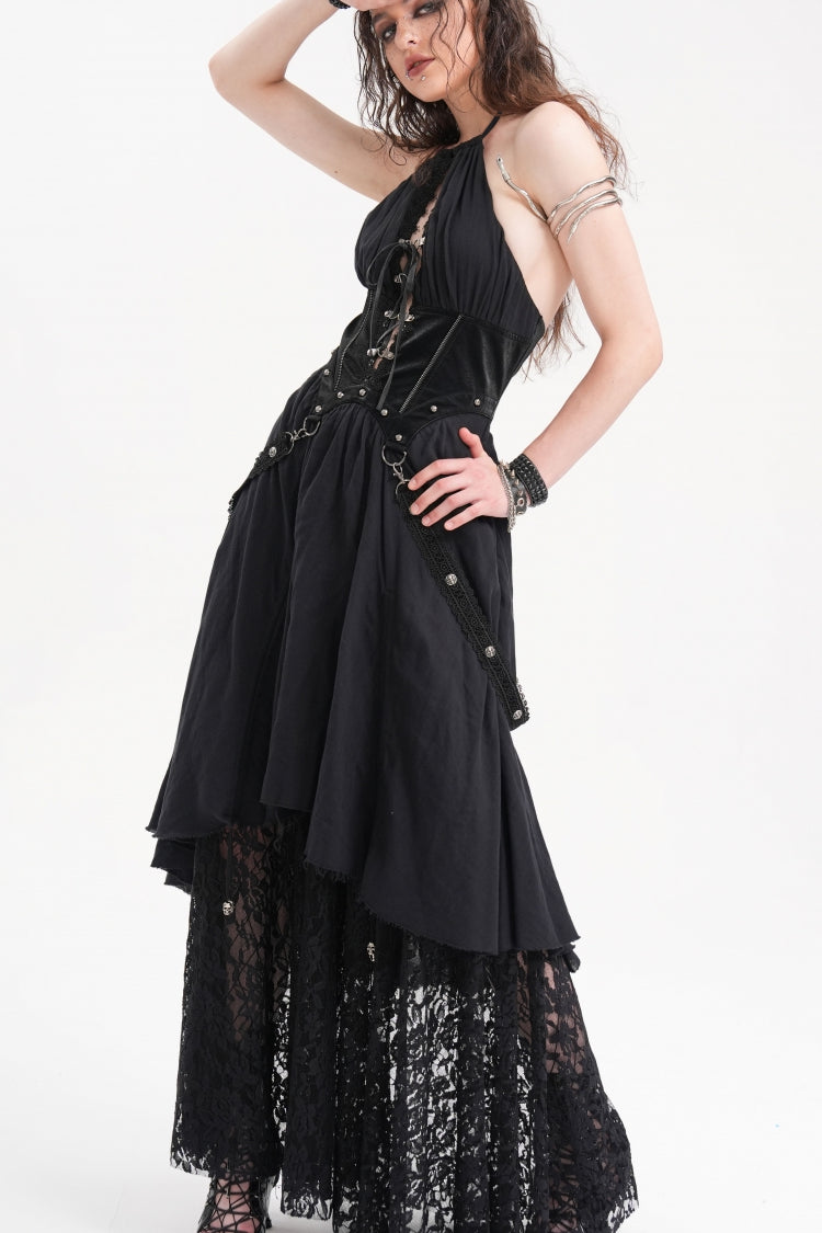 Black Halterneck Hollow Lace Women's Gothic Strap Maxi Dress
