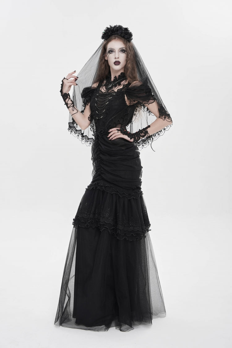 Black Off Shoulder Ruffled Cut-Out Lace Pleated Women's Gothic Dress