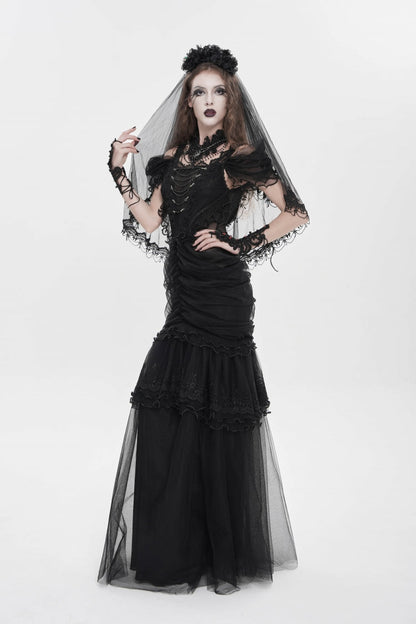 Black Off Shoulder Ruffled Cut-Out Lace Pleated Women's Gothic Dress