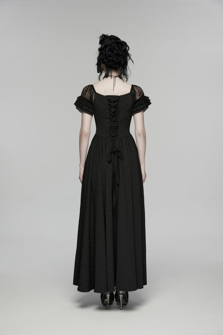 Black Off Shoulder Short Puff Sleeves Ruffled Hanayome Embroidered Lace Women's Gothic Elegant Gorgeous Dress