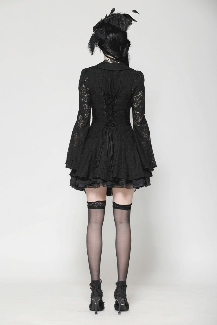 Black Long Trumpet Sleeves Embroidered Lace Lace-Up Women's Gothic Honeymoon Dress