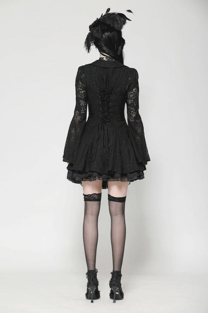 Black Long Trumpet Sleeves Embroidered Lace Lace-Up Women's Gothic Honeymoon Dress