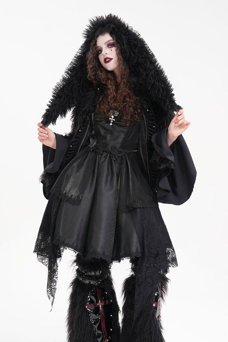 Black Long Sleeves Lace Hooded Zipper Chain Women's Gothic Jacket