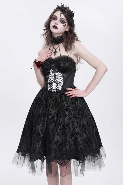 Black Halterneck Skeleton Print Embroidery Stitching Lace Women's Gothic Dress