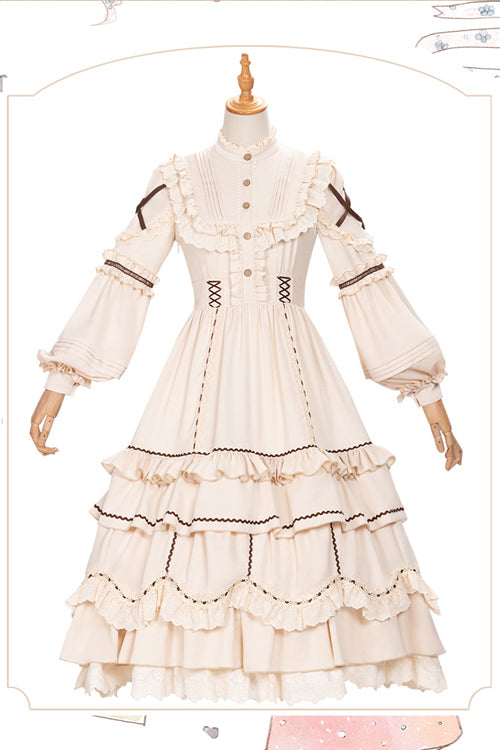 Beige Lantern Sleeves Multi-Layer Ruffled Removable Sweet Lolita OP Tiered Dress