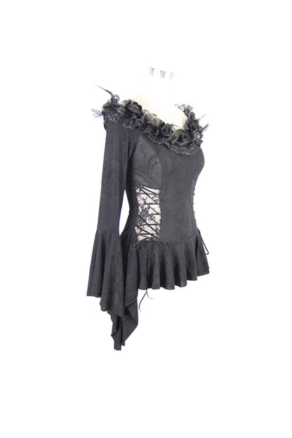 Black Knit One-Word Shoulder Rose Decoration Collar Waist Side Splice Lace Up Flare Sleeve Women's Gothic Shirt