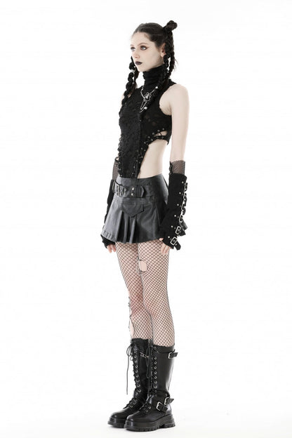 Black Faux Leather Metal Belt Buckled Pleated Women's Punk Mini Skirt