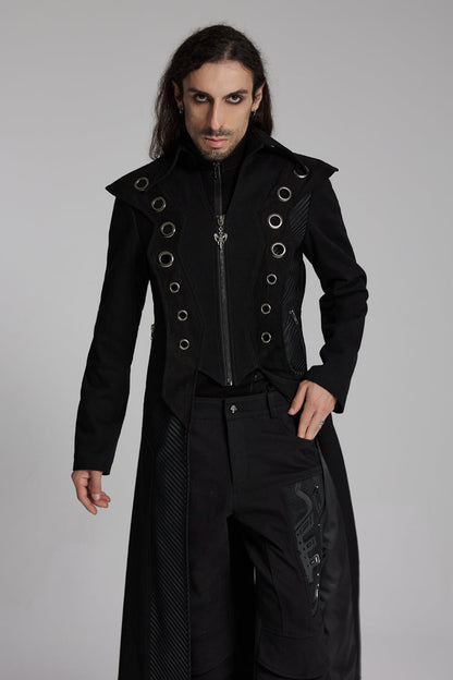 Black Metal Ring Zipper Long Sleeves Men's Punk Long Jacket