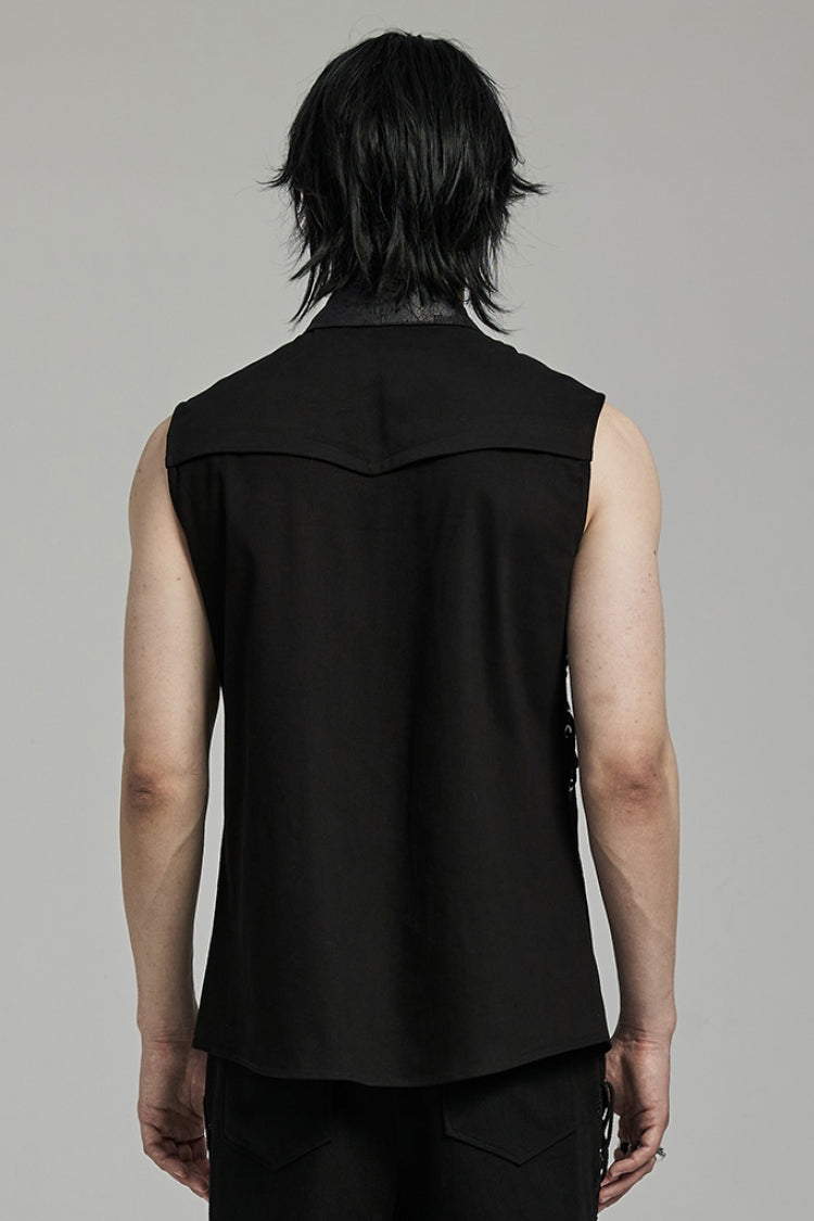 Black Hollow Stitching Lace-Up Mesh Men's Punk Vest