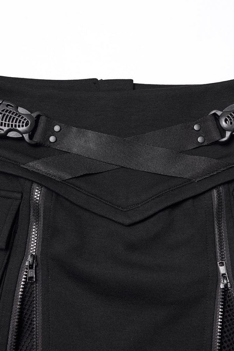 Black Lace-Up Zippered Women's Punk Cool  Big Pockets Techwear Skirt