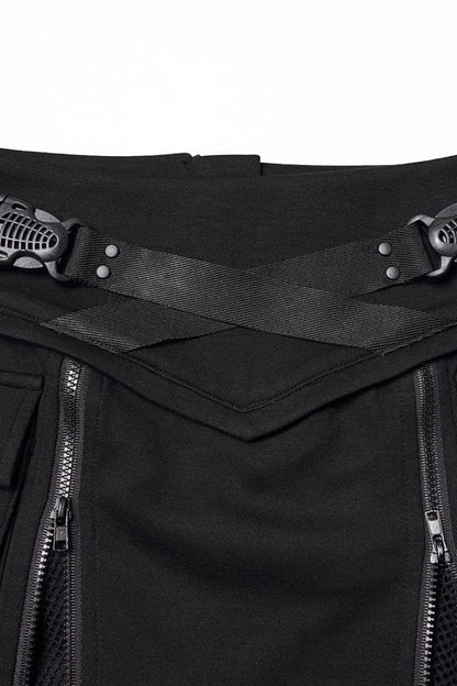 Black Lace-Up Zippered Women's Punk Cool  Big Pockets Techwear Skirt