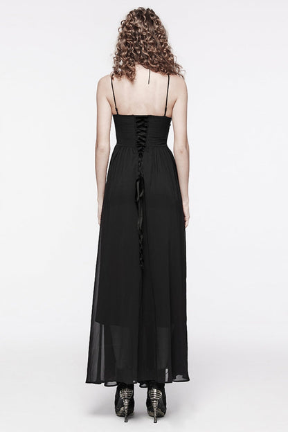 Black Floral Embroidery Lace-Up Women's Gothic Slip Dress