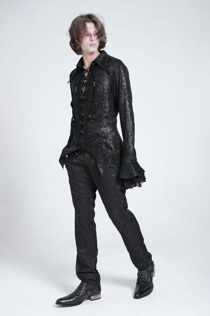 Black Long Trumpet Sleeves Lace-Up Men's Gothic Swallow-tailed Blouse