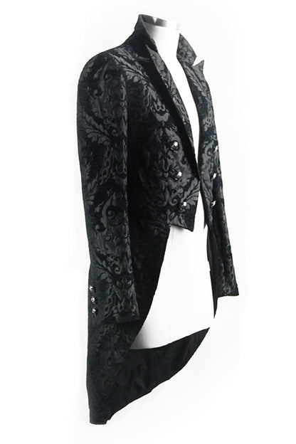 Black Gothic Jacquard Mens Coat With Slit