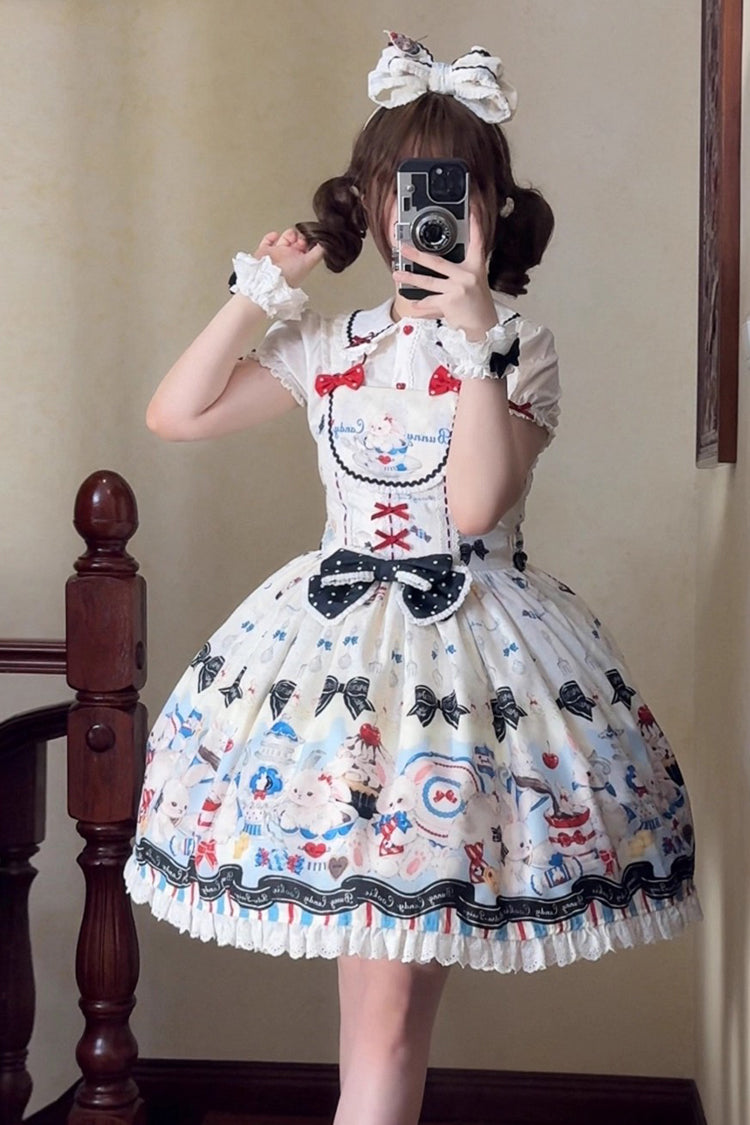 Beige [Mystery Rabbit Tea Party] Sleeveless Print Ruffle Bowknot Lace Sweet Lolita Jsk Dress