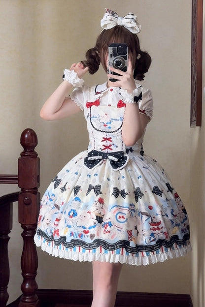 Beige [Mystery Rabbit Tea Party] Sleeveless Print Ruffle Bowknot Lace Sweet Lolita Jsk Dress