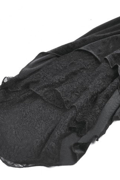 Black Off Shoulder Halterneck Long Trumpet Sleeves Cut-Out Lace Spliced Velvet Gothic Palace Top