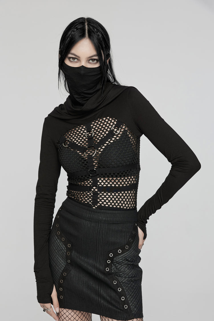 Black Long Sleeves Stitching Hooded Mesh Women's Punk T-Shirt