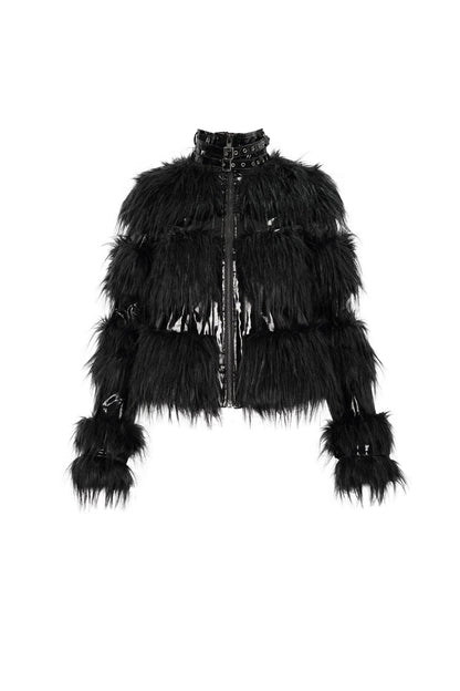 Black Metal Buckle Loop Stand Up Collar Splice Patent Leather Woolen Women's Punk Coat
