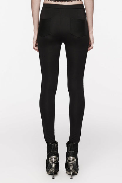 Black Floral Print Hollow Stitching Lace Slim Women's Gothic Leggings