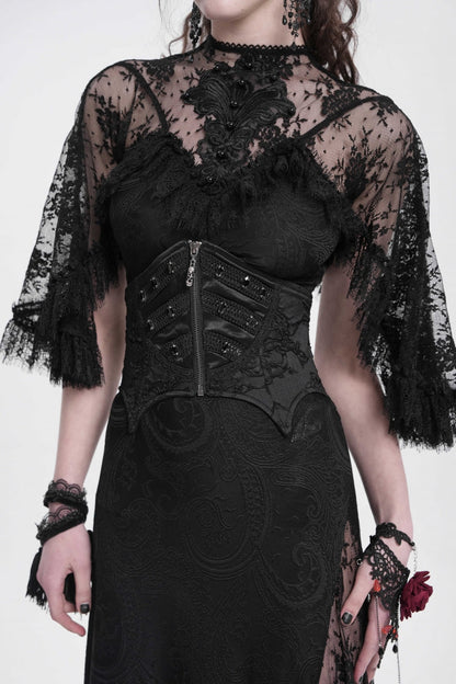 Black Batwing Beaded Lace-Up Zipper Women's Underbust Corset