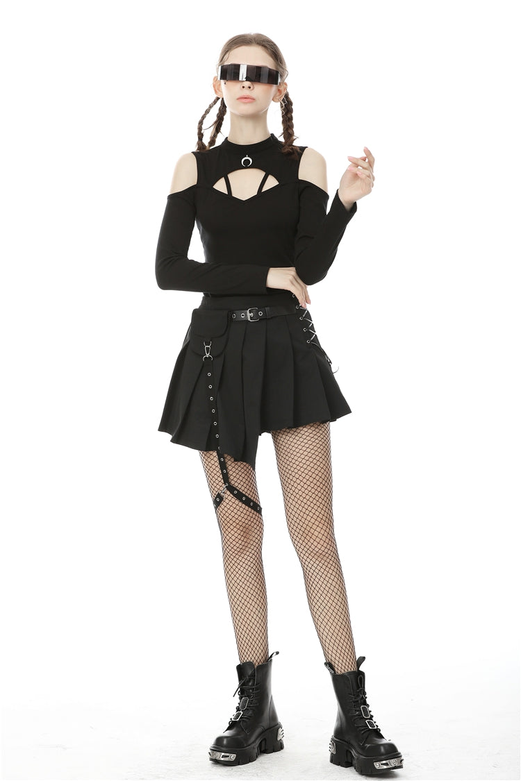 Black Lace-Up Irregular Hem Pleated Women's Punk Skirt with Side Bag