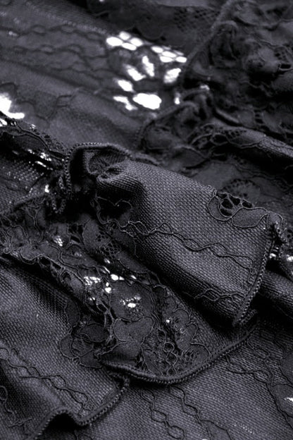 Black Boat Neck Off Shoulder Short Puff Sleeves Ruffled Lace Lace-Up Irregular Women's Gothic Dovetail Dress