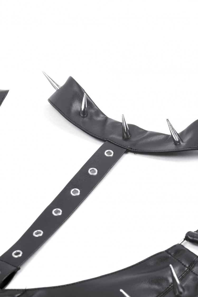 Black Metal Studded Women's Punk Faux Leather Bustier Crop Top with Adjustable Clasps