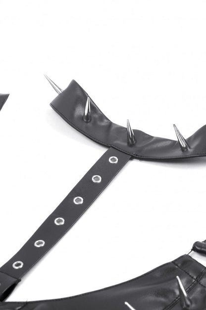 Black Metal Studded Women's Punk Faux Leather Bustier Crop Top with Adjustable Clasps