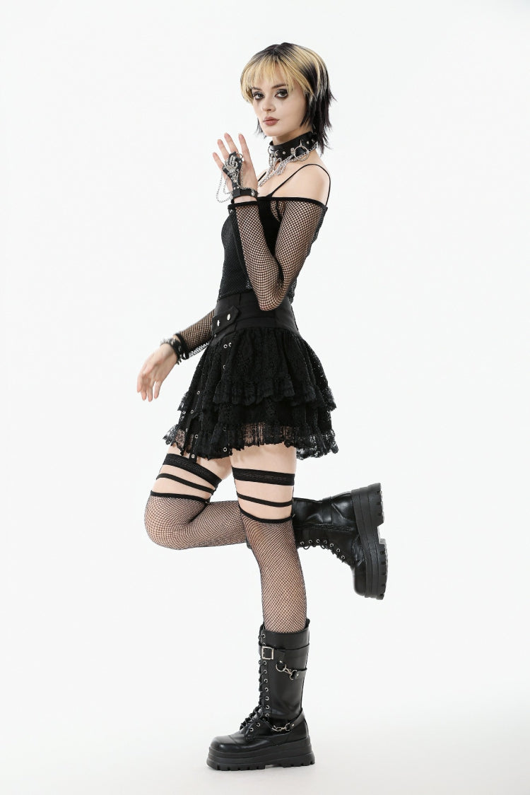 Black Off Shoulder Long Sleeves Mesh Women's Gothic Versatile Top