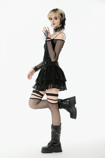 Black Off Shoulder Long Sleeves Mesh Women's Gothic Versatile Top