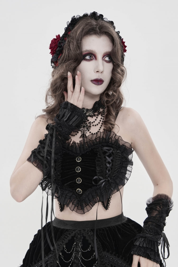 Black Off Shoulder Bow Lace Lace-Up Women's Gothic Ruffled Corset