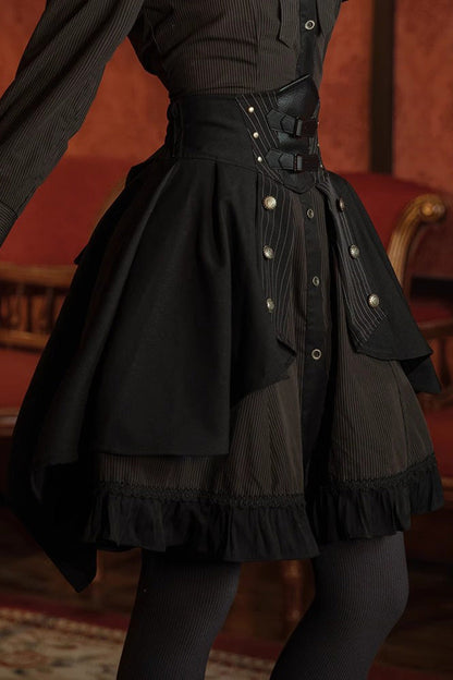 Black High Waisted Striped Print Button Leather Girdle Stitching Gothic Skirt