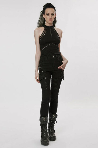 Black Off Shoulder Hollow Stitching Slim Mesh Womens Steampunk Vest