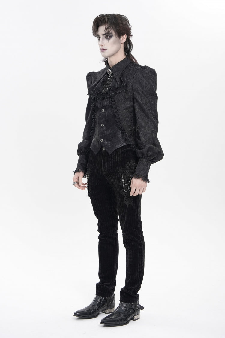 Black Lapel Collar Long Lantern Sleeves Jacquard Embroidered Lace Men's Gothic Palace Swallow-tailed Shirt with Necktie
